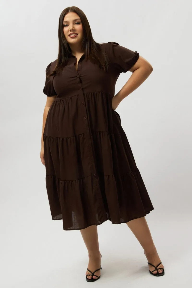 Brown Midi Dress Short Sleeve Shirt Side Tie Light Appeal
