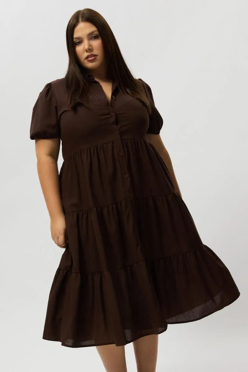 Flexible Mood Wide Swing Brown Midi Dress Short Sleeve Shirt