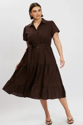 Brown Midi Dress Short Sleeve Shirt Calm Grace