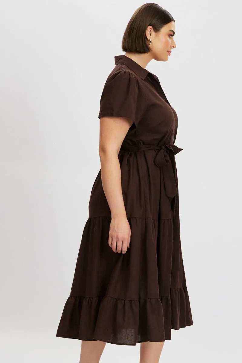 Brown Midi Dress Short Sleeve Shirt Minimal Aesthetic Elastic-Waist