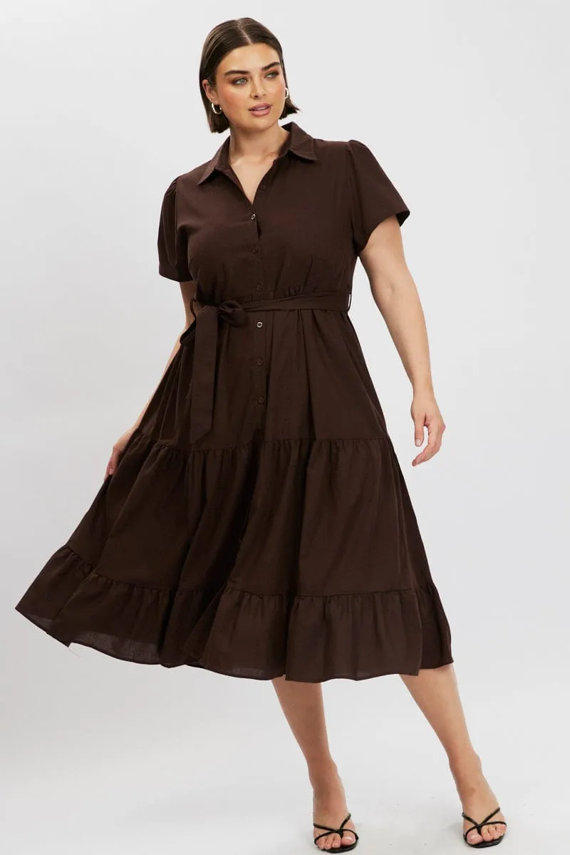 Brown Midi Dress Short Sleeve Shirt Calm Grace