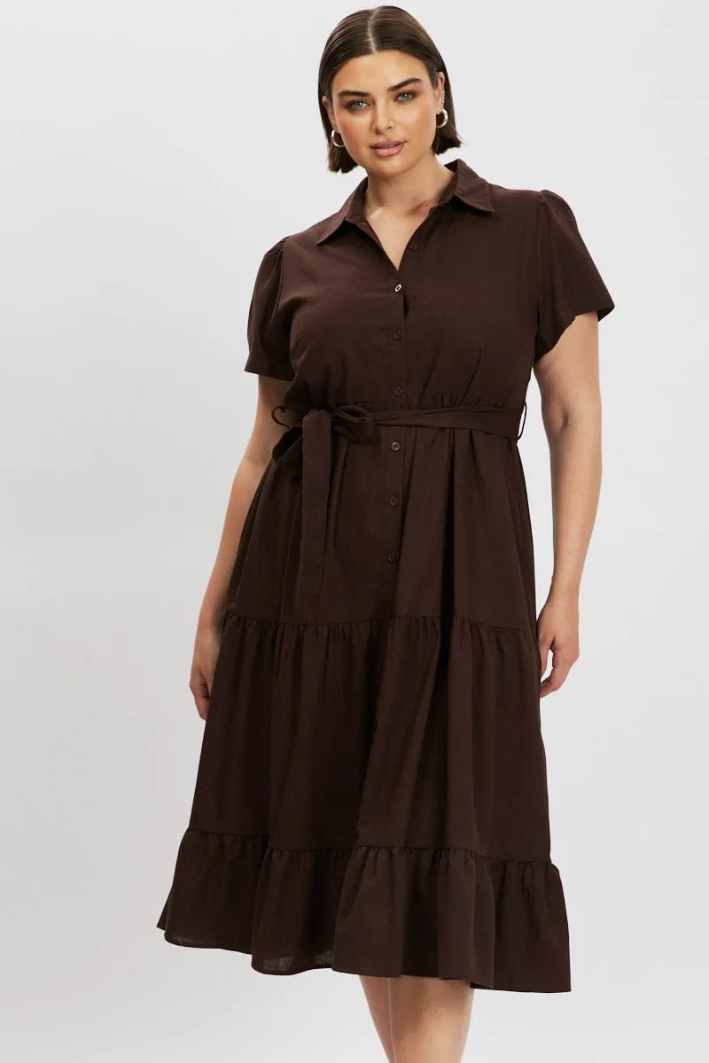 Brown Midi Dress Short Sleeve Shirt Layering Piece All Day Ready