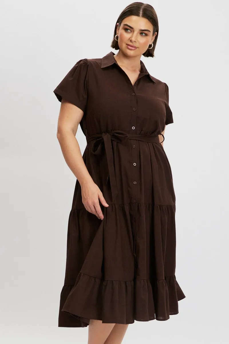 Brown Midi Dress Short Sleeve Shirt Essential Style Refined Presence