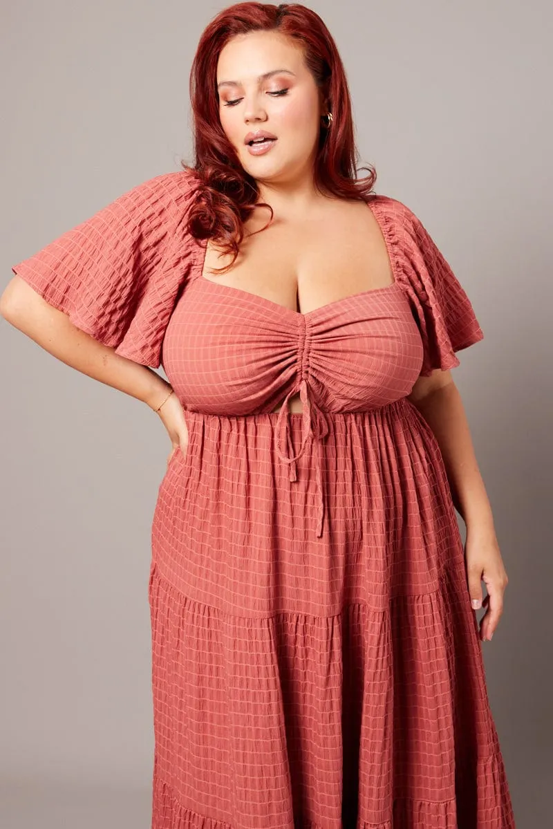 Brown Midi Dress Short Sleeve Textured Red Carpet