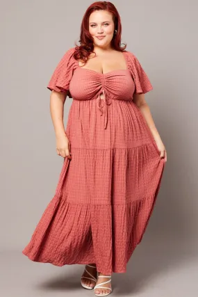 Brown Midi Dress Short Sleeve Textured Color-Blocked Flattering Layer