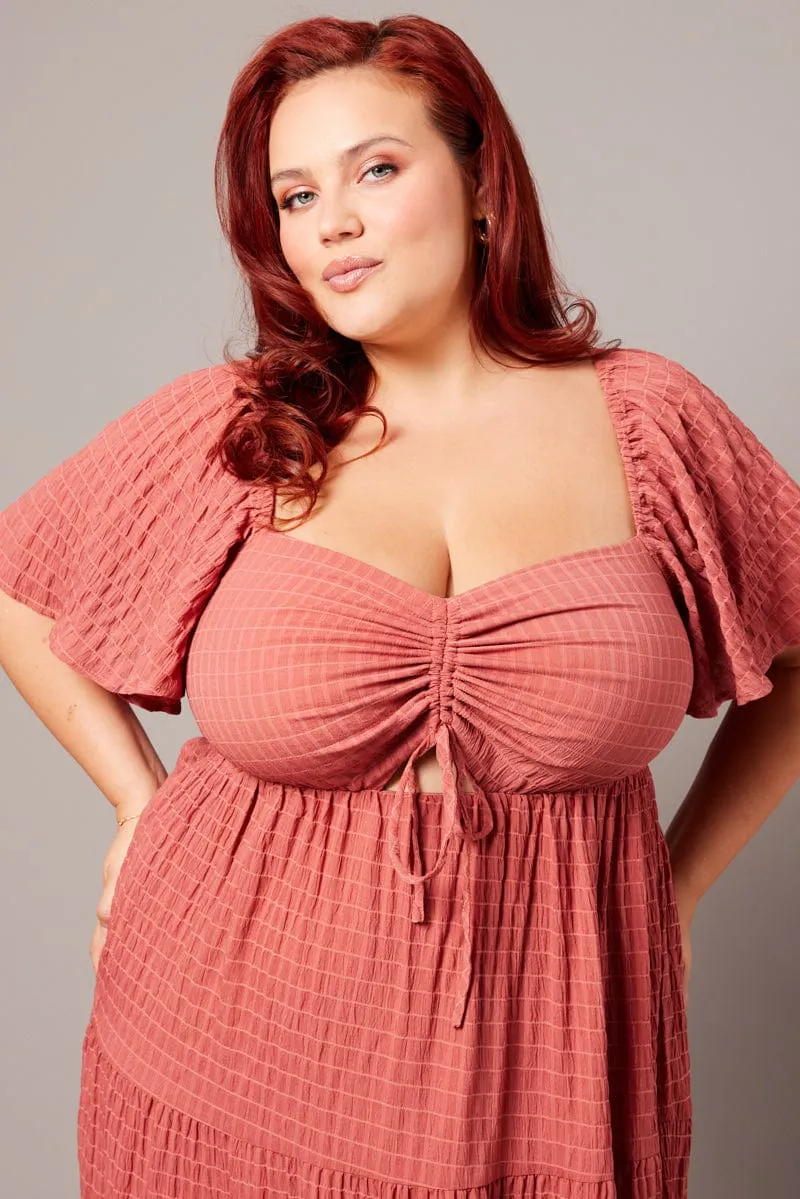 Brown Midi Dress Short Sleeve Textured loose silhouette