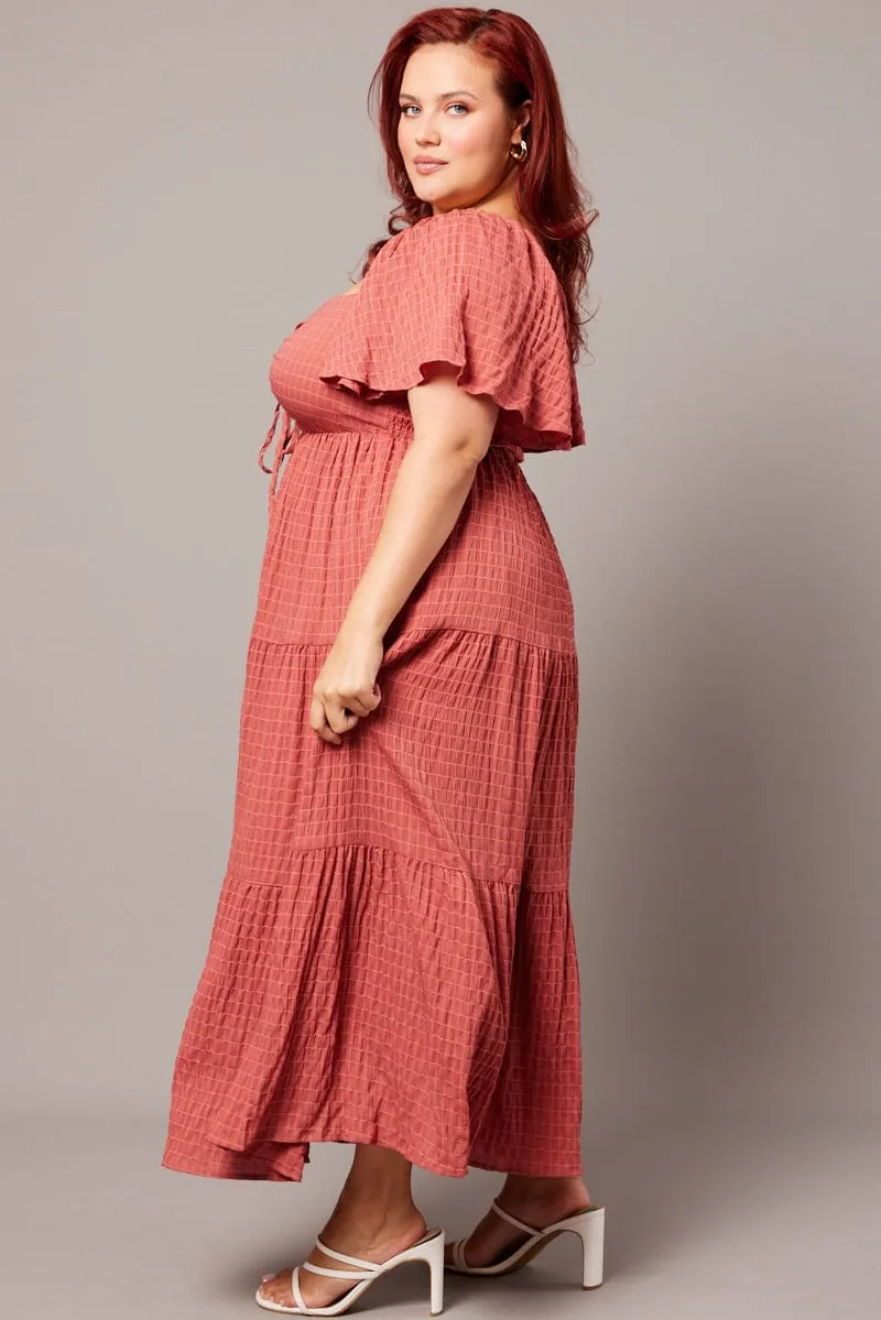 loose silhouette Brown Midi Dress Short Sleeve Textured