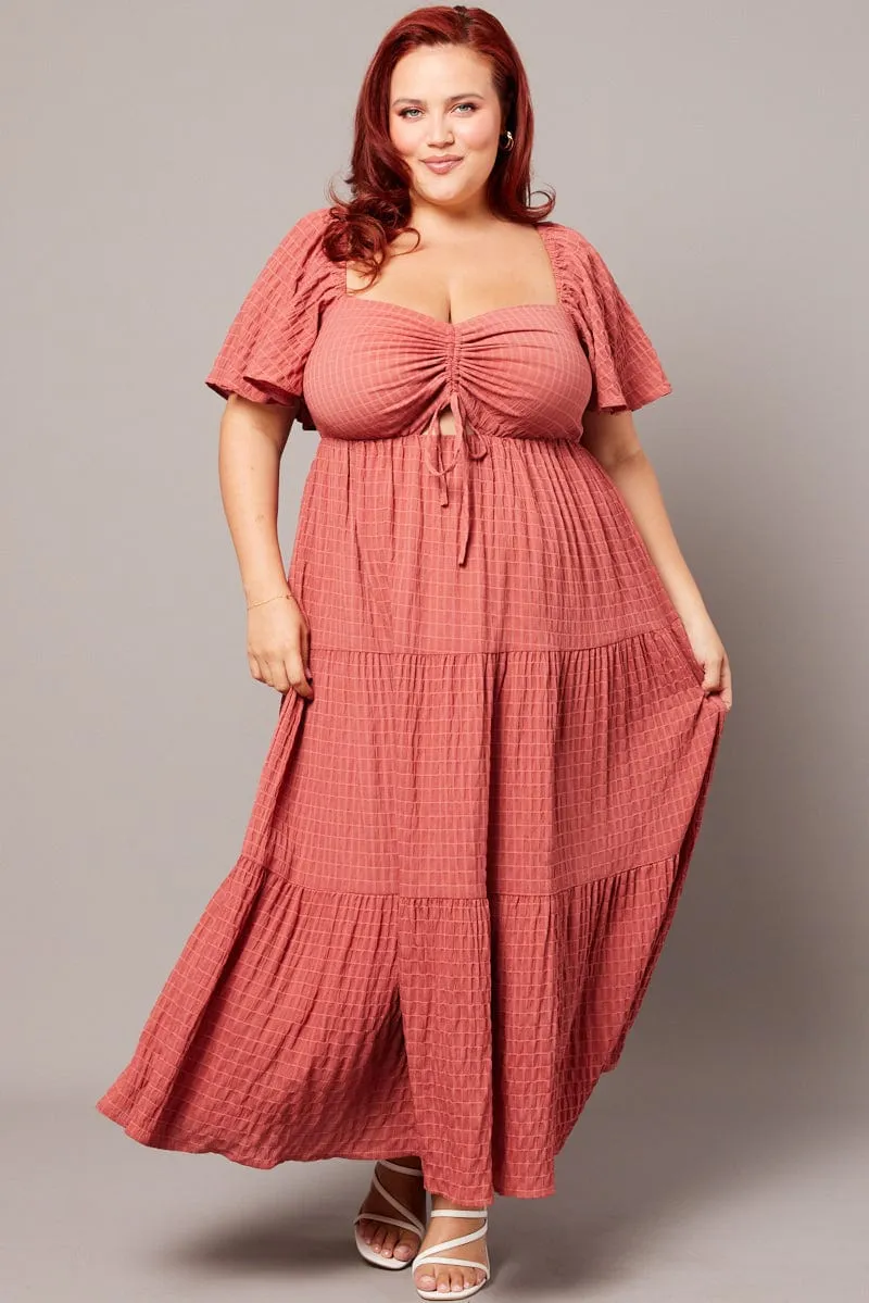 Brown Midi Dress Short Sleeve Textured Color-Blocked Flattering Layer