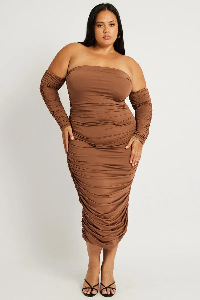 Brown Ruched Jersey Midi Dress Sophisticated Waist Fit Floral design
