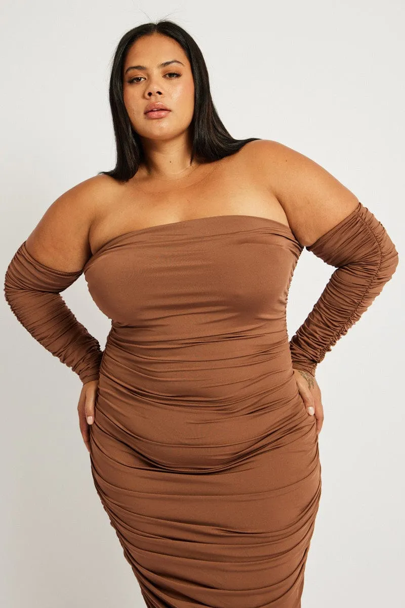 Decorative-Design Brown Ruched Jersey Midi Dress