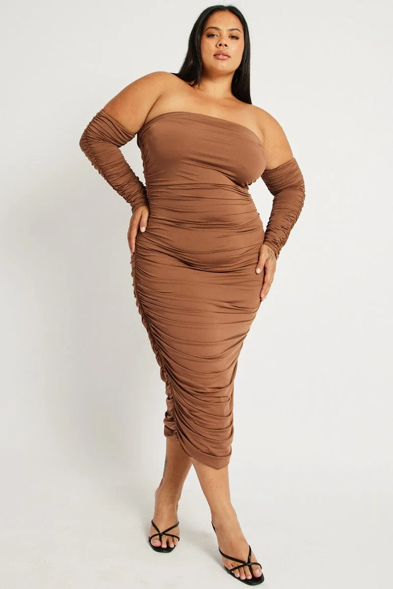 City Flow Brown Ruched Jersey Midi Dress