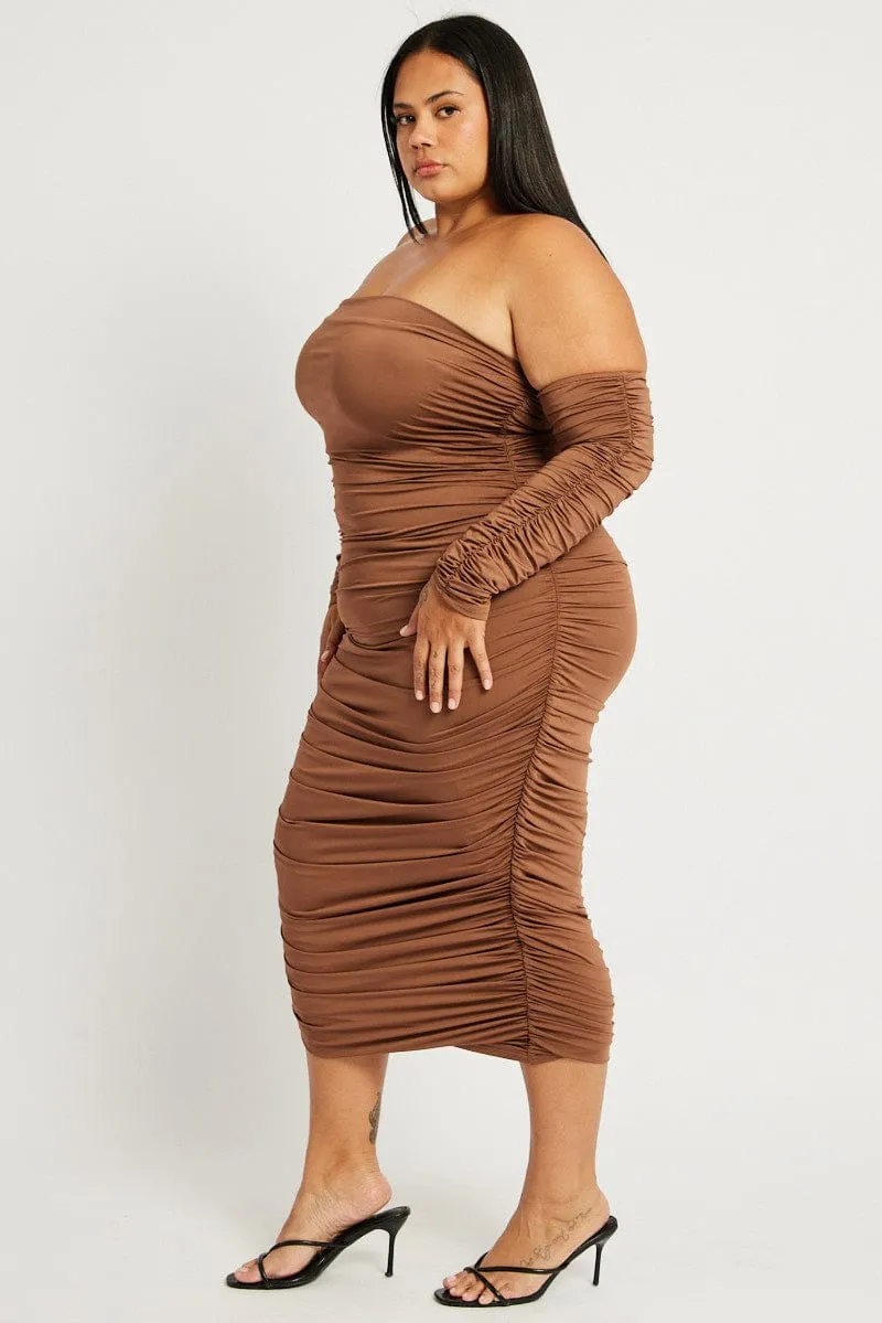 Brown Ruched Jersey Midi Dress Sharp Detail
