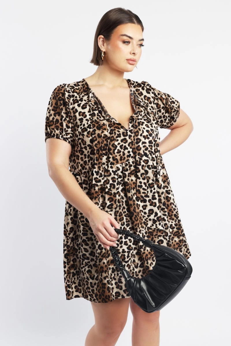 Drapey Fabric Cozy Mood Brown Animal Print Contrast Bow Leopard Minidress