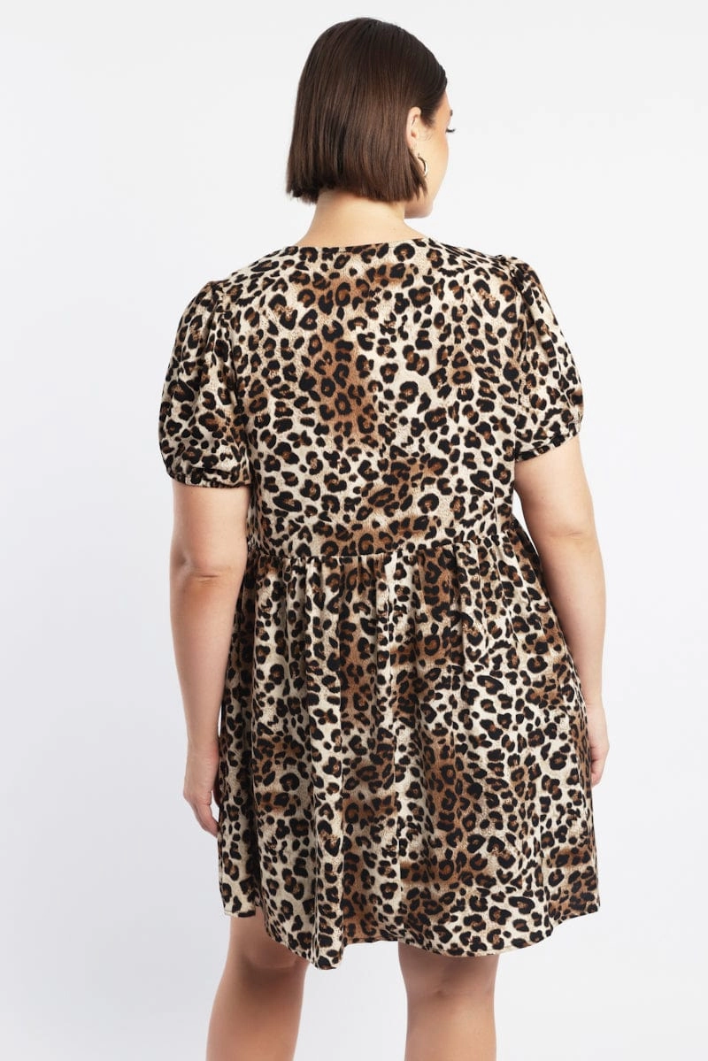 Hidden-Pocket Fashion Forward Brown Animal Print Contrast Bow Leopard Minidress