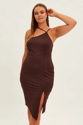 Brown Bodycon Dress One Shoulder Jersey Dark Tones