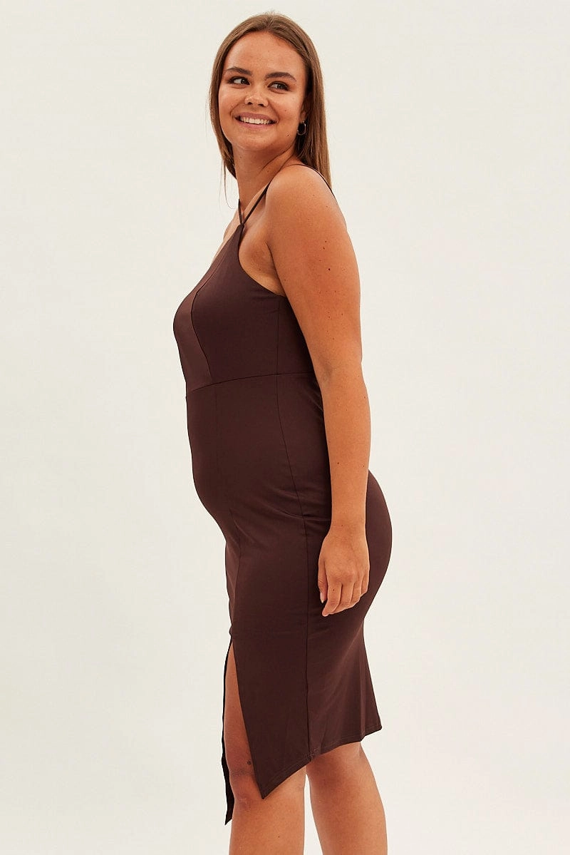 Refined Style Brown Bodycon Dress One Shoulder Jersey