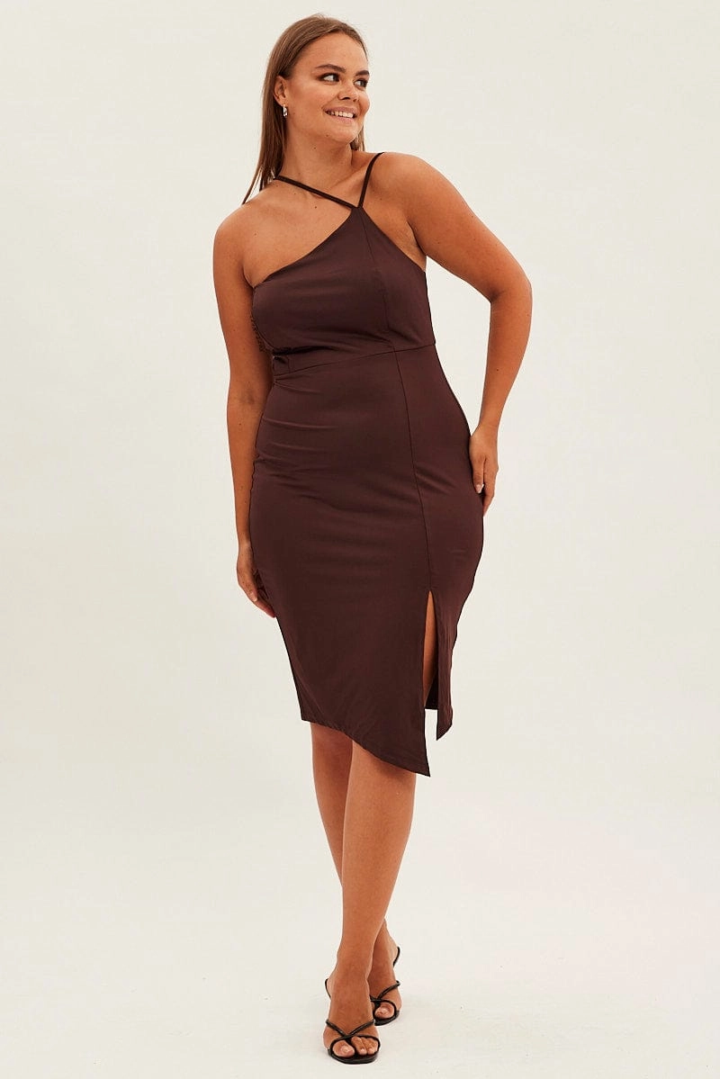 Brown Bodycon Dress One Shoulder Jersey Pure Tone Birthday-Celebration