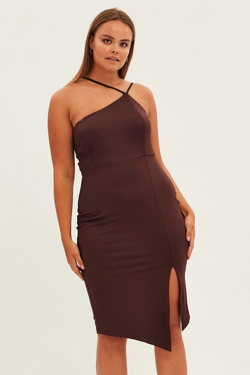 Light Wrap Polished Layer Brown Bodycon Dress One Shoulder Jersey