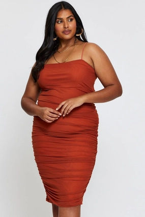 Versatile Comfort Pleated-Texture Brown Bodycon Dress Square Neck Sleeveless Midi