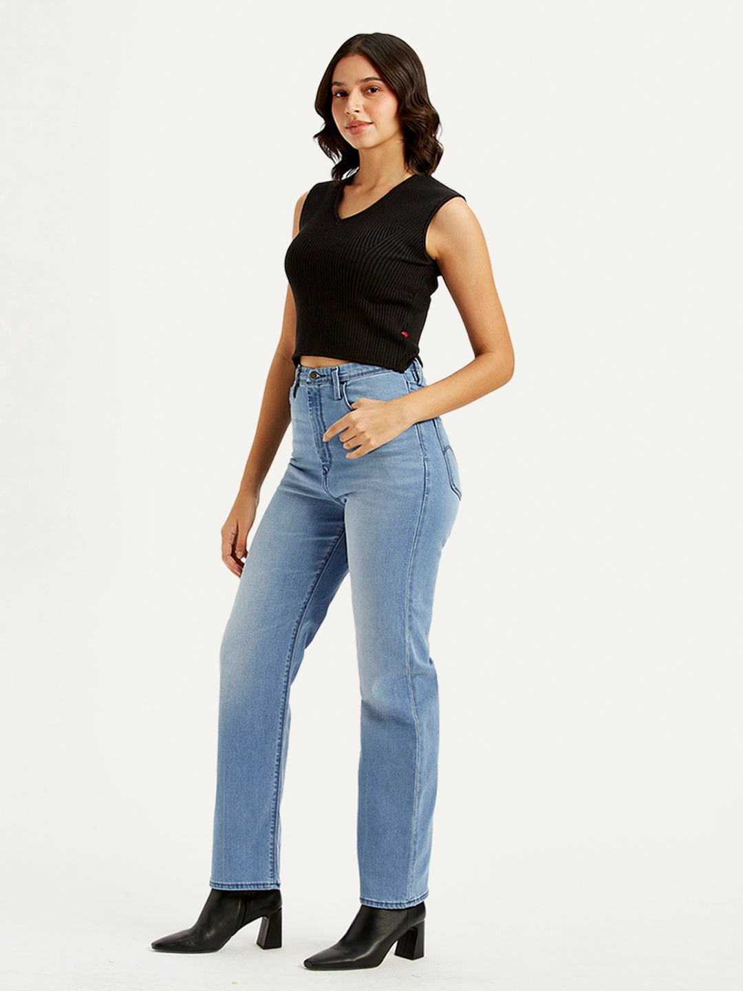 Winter Warmth Student Outfit Textured Women's Light Blue Ribcage Straight Fit High Rise Jeans