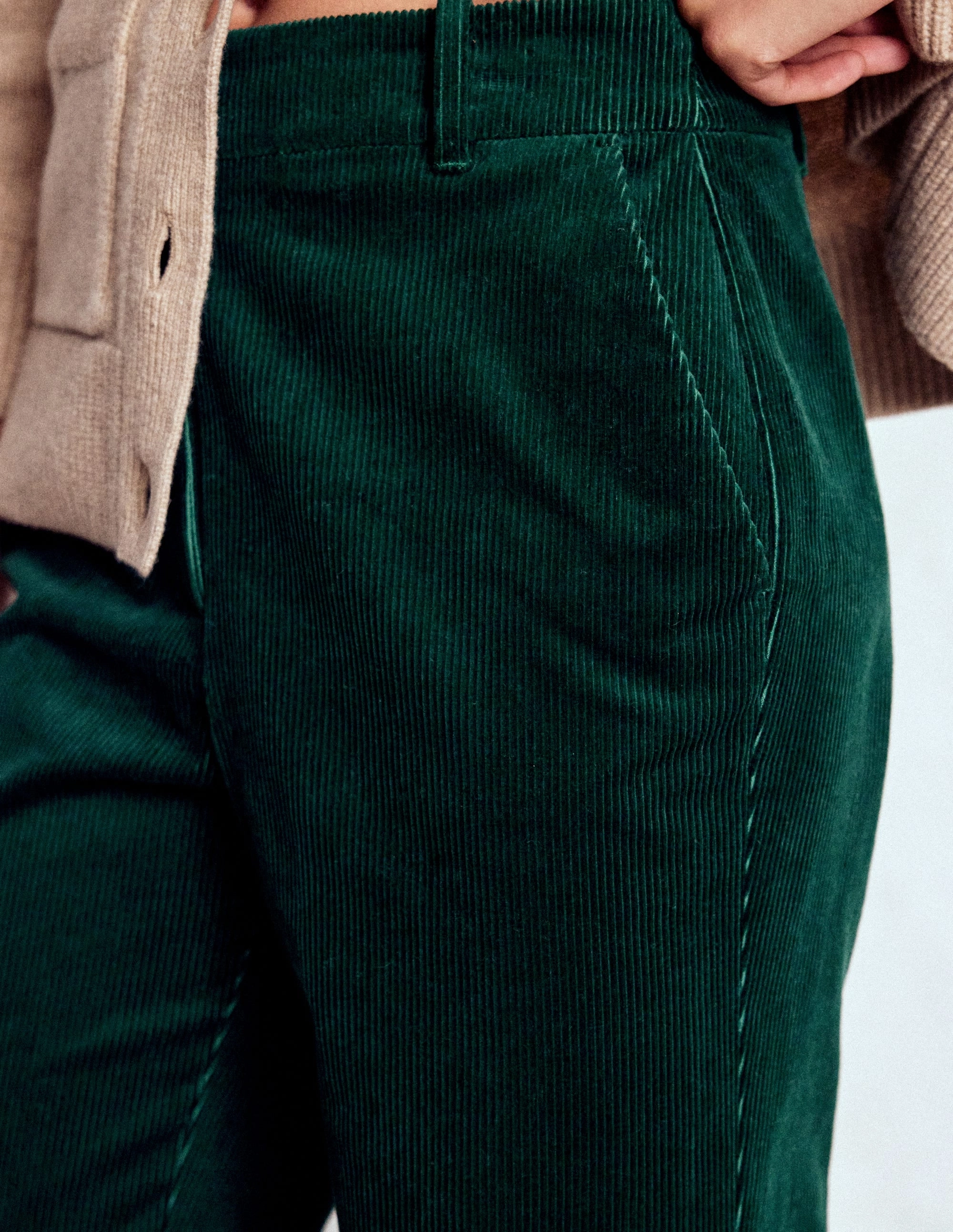 Canonbury Cord Trousers-Emerald Night Laser Cut Perforations Secure Closures