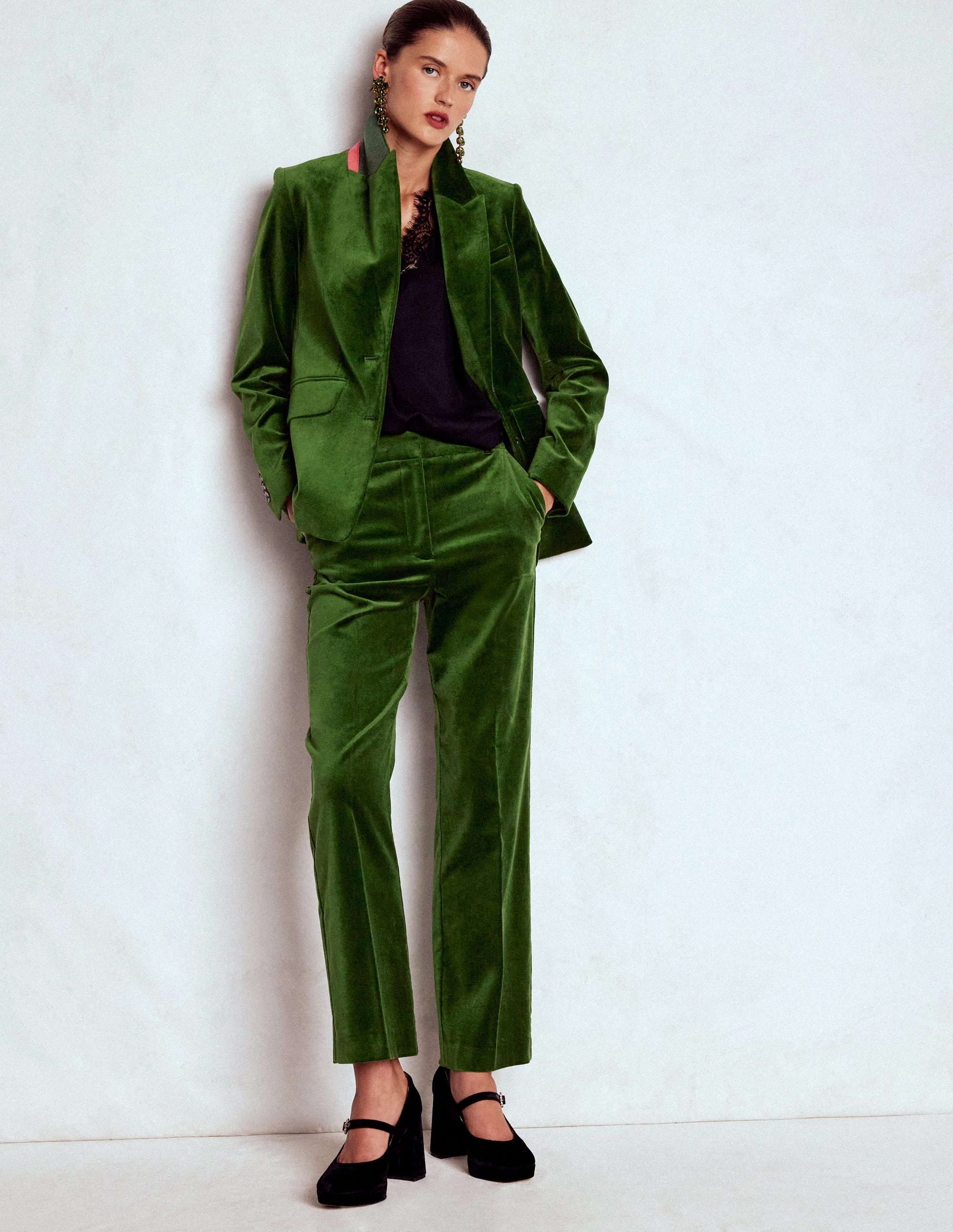 All weather Seamless Waistband Canonbury Velvet Trousers-Green Fir