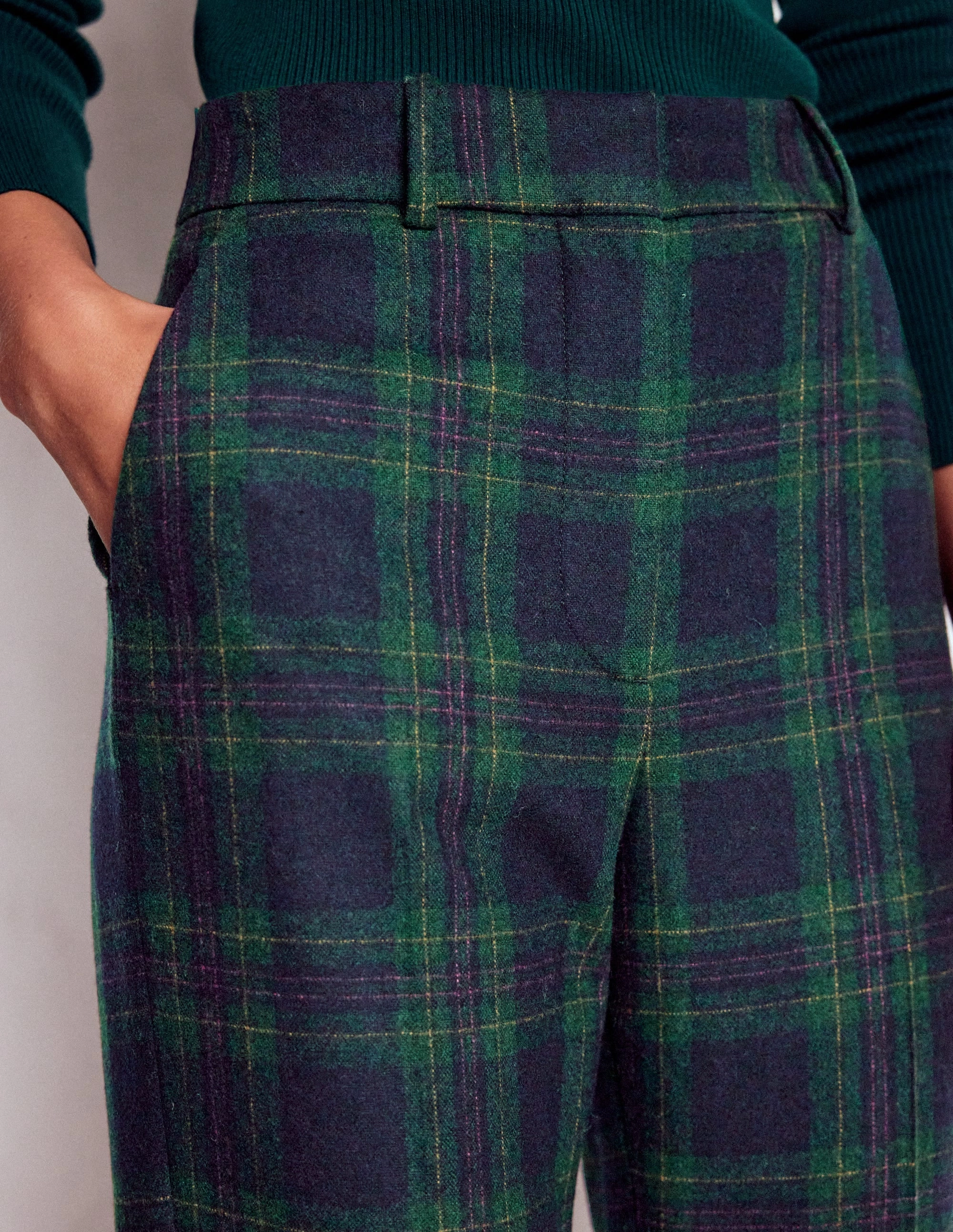 Canonbury Wool Trousers-Navy and Green Tonal Check Ultra Soft Texture