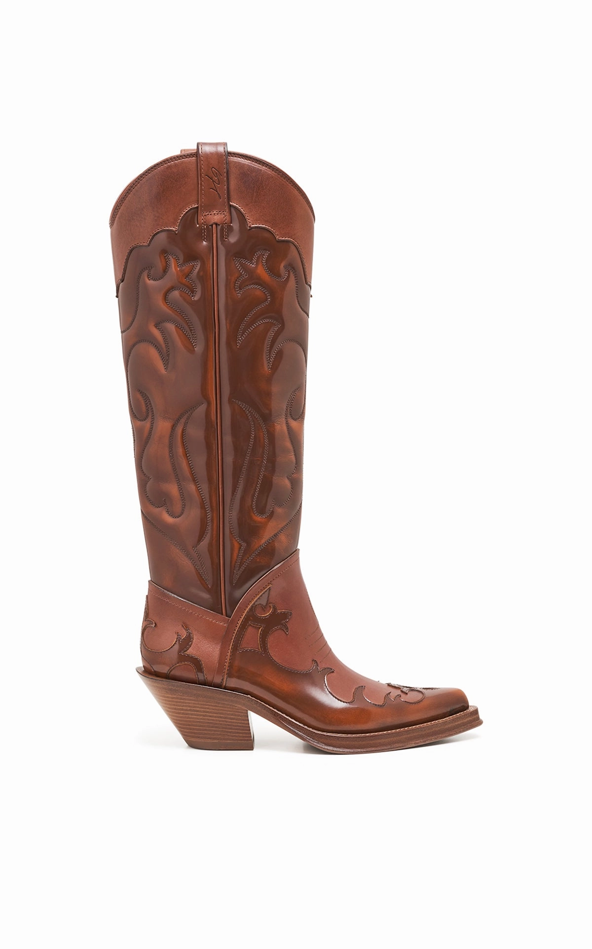 Capitana Cowboy Boot in Cognac Leather Protective Finish Morning Walk