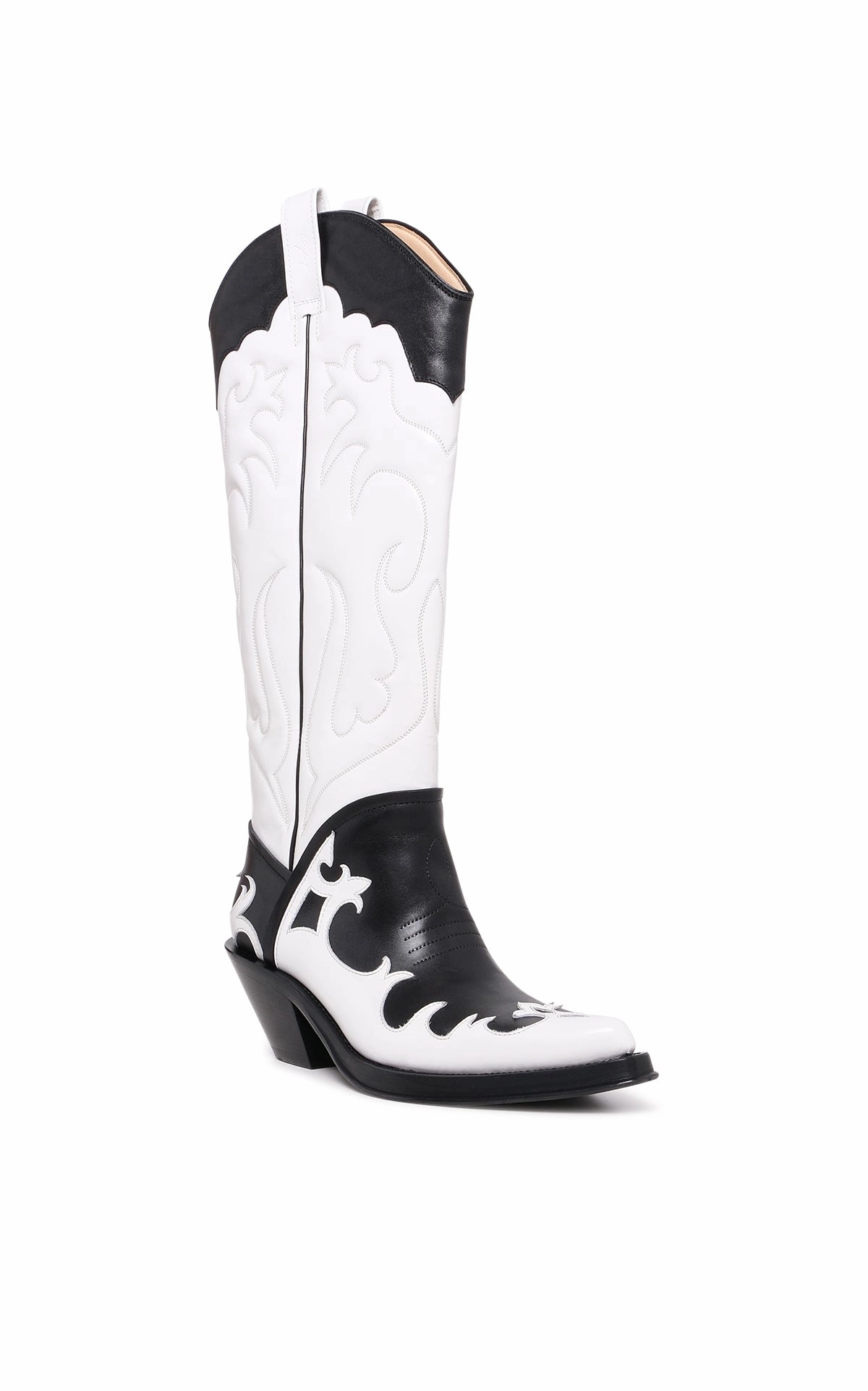 Capitana Cowboy Boot in White & Black Pearlized Leather Contoured Heel Cup