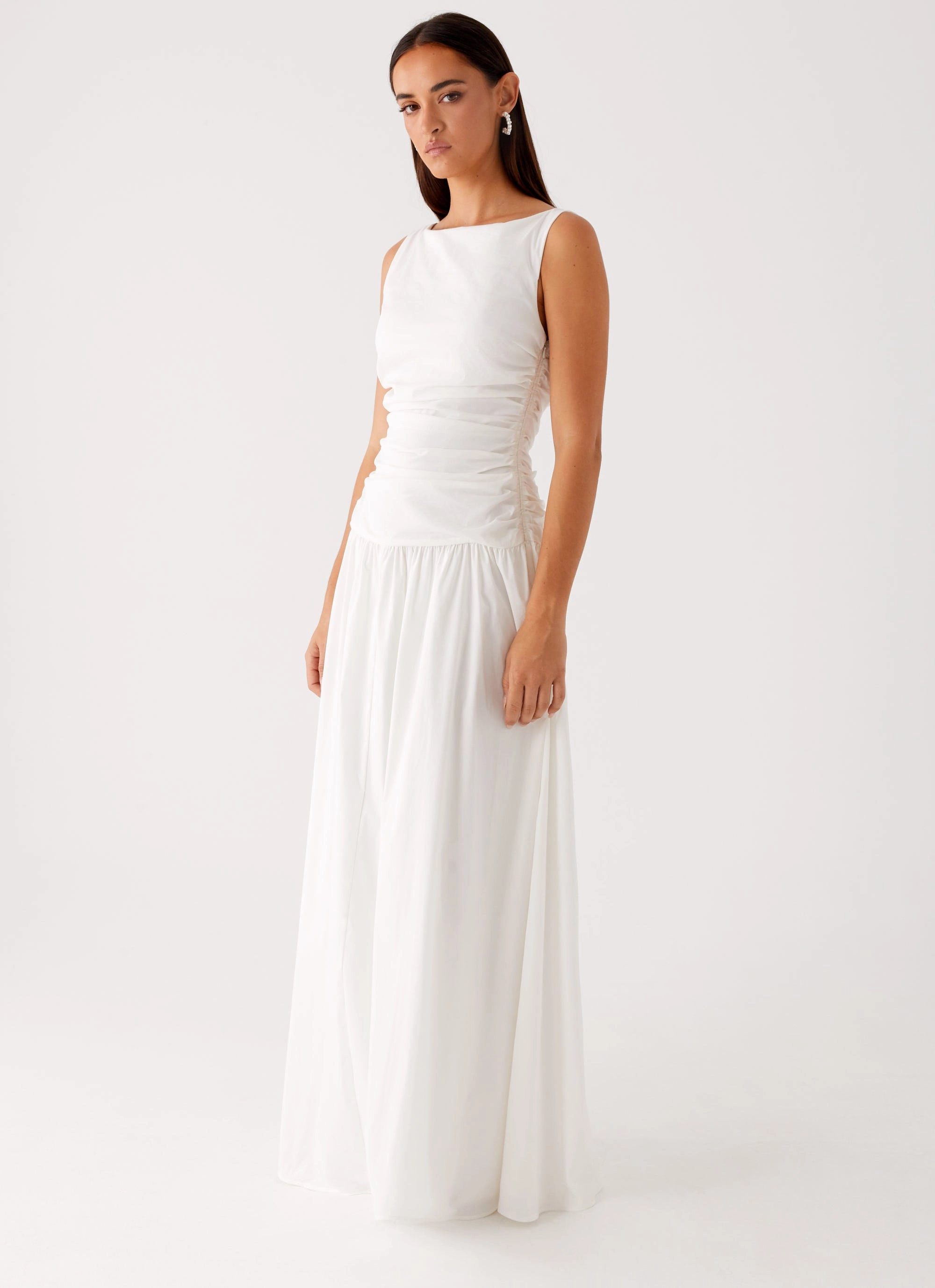 Carmel High Neck Maxi Dress - White Feminine off-the-shoulder gown
