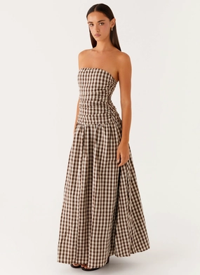 Light Fall Carmel Maxi Dress - Brown Gingham