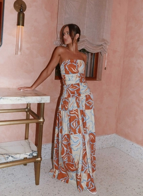 Moment Light Clean Stitch Carmel Maxi Dress - Orange Blue Floral
