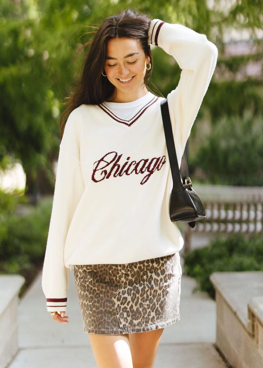 Chicago Collegiate V-Neck Sweater - Cream/Maroon Cozy Waist Sport Performance
