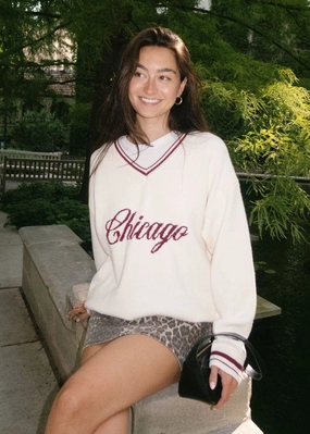 Chicago Collegiate V-Neck Sweater - Cream/Maroon Versatile Design Elegant Knit