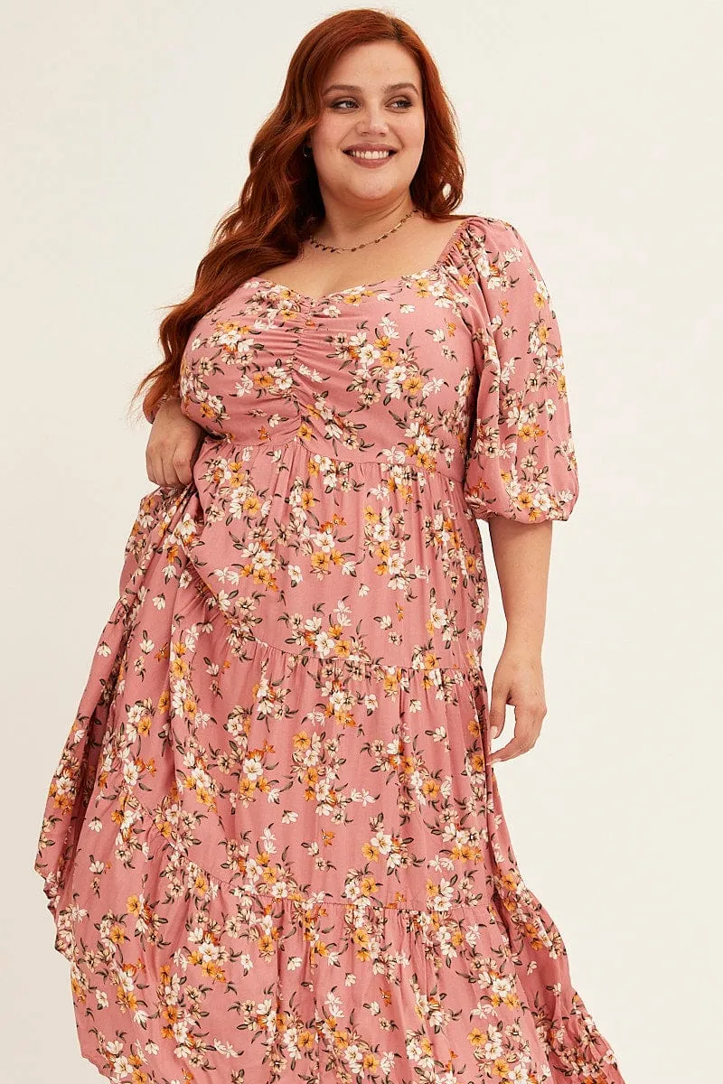 Ditsy Print Short Puff Sleeve Pink Ditsy Rayon Midi Dress Bell-Sleeve
