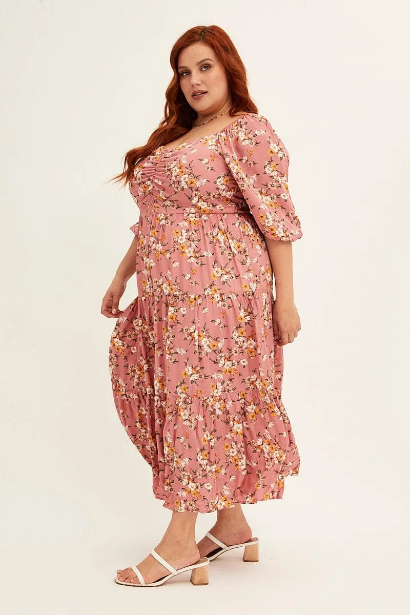 Ditsy Print Short Puff Sleeve Pink Ditsy Rayon Midi Dress Elegant Layers