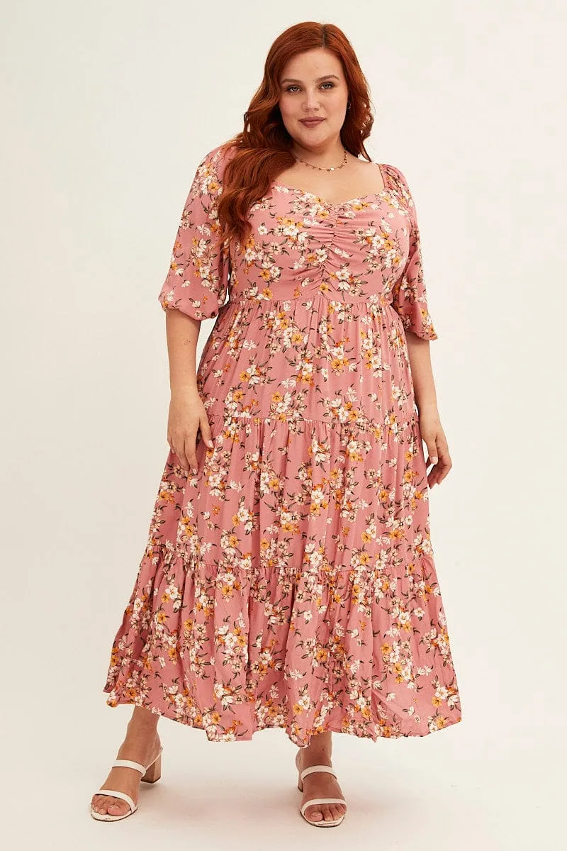 Subtle tone Travel Essential Ditsy Print Short Puff Sleeve Pink Ditsy Rayon Midi Dress