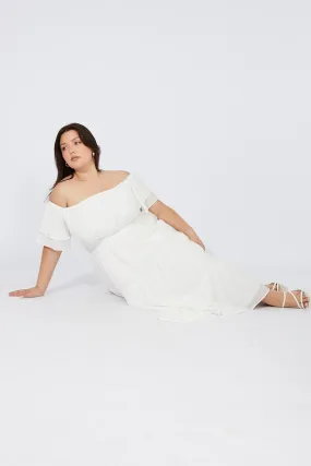 White Off Shoulder Layer Midi Dress Daily Form Winter Wrap