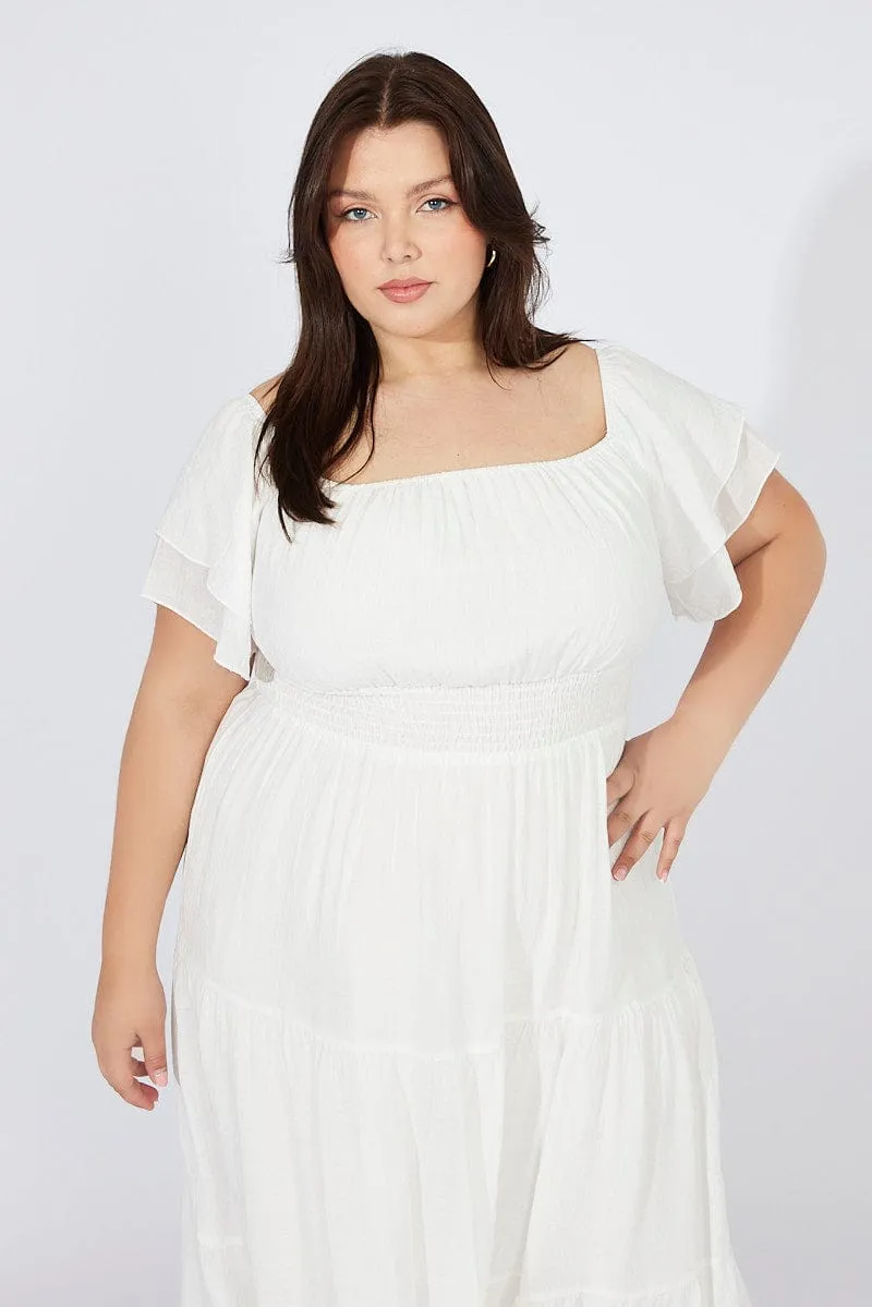 White Off Shoulder Layer Midi Dress Travel Edge Button-Cuff