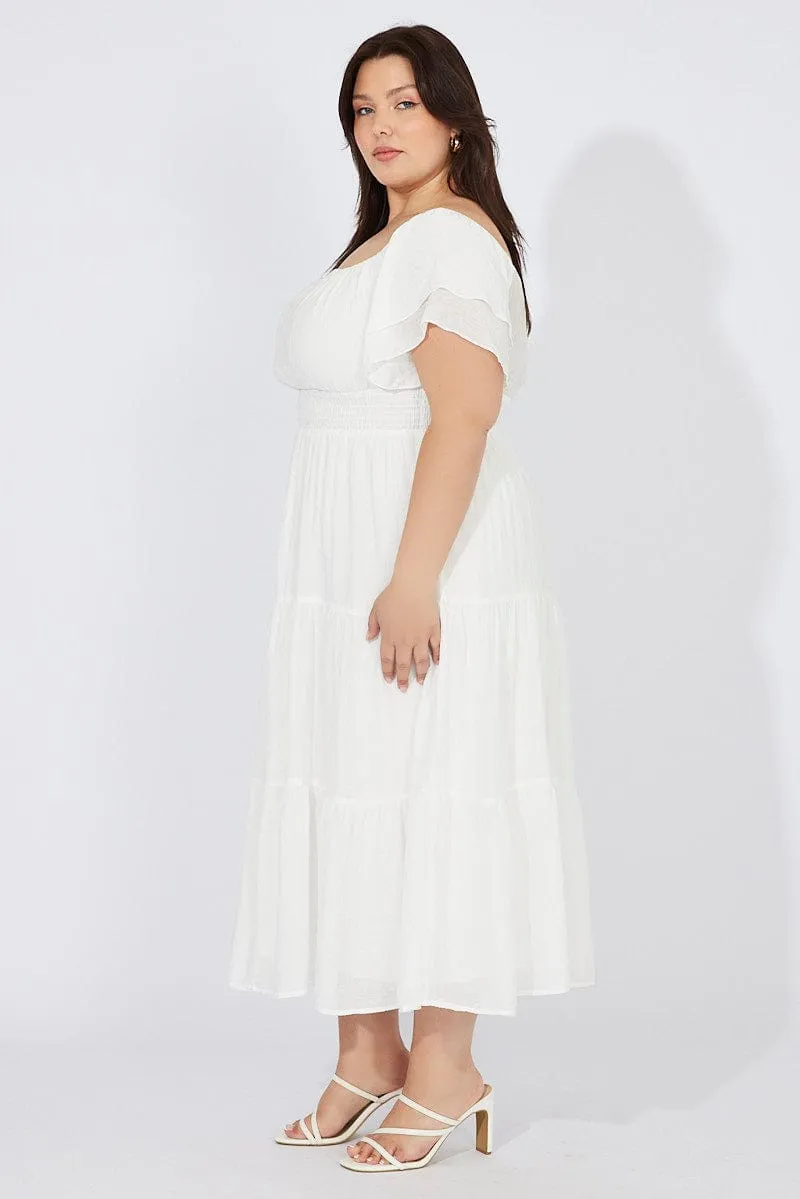 White Off Shoulder Layer Midi Dress Movement Ready Trendy Vibe