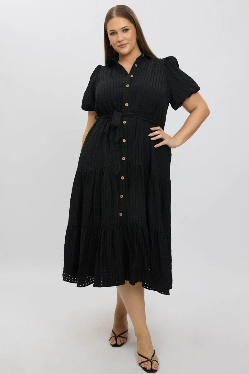 Black Midi Dress Short Sleeve Tiered Shirt Basic Mood