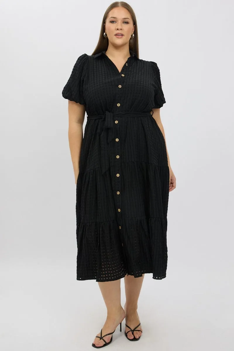 MultiPurposePockets Black Midi Dress Short Sleeve Tiered Shirt