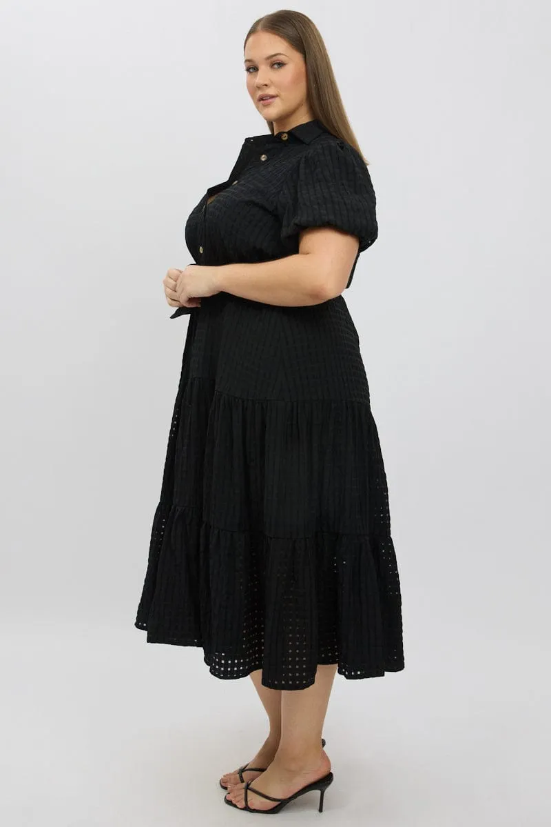 Polished Mood Black Midi Dress Short Sleeve Tiered Shirt