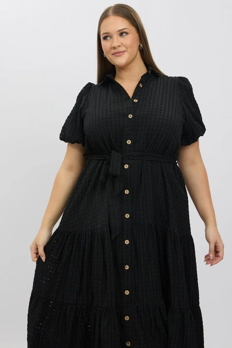 Black Midi Dress Short Sleeve Tiered Shirt Perfect Layer