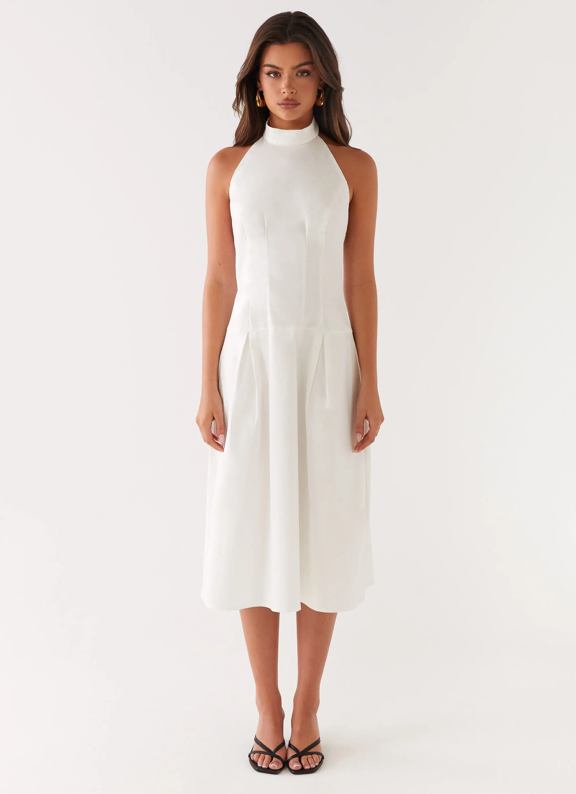 Calla Halter Midi Dress - White Patterned-Fabric Smooth Motion