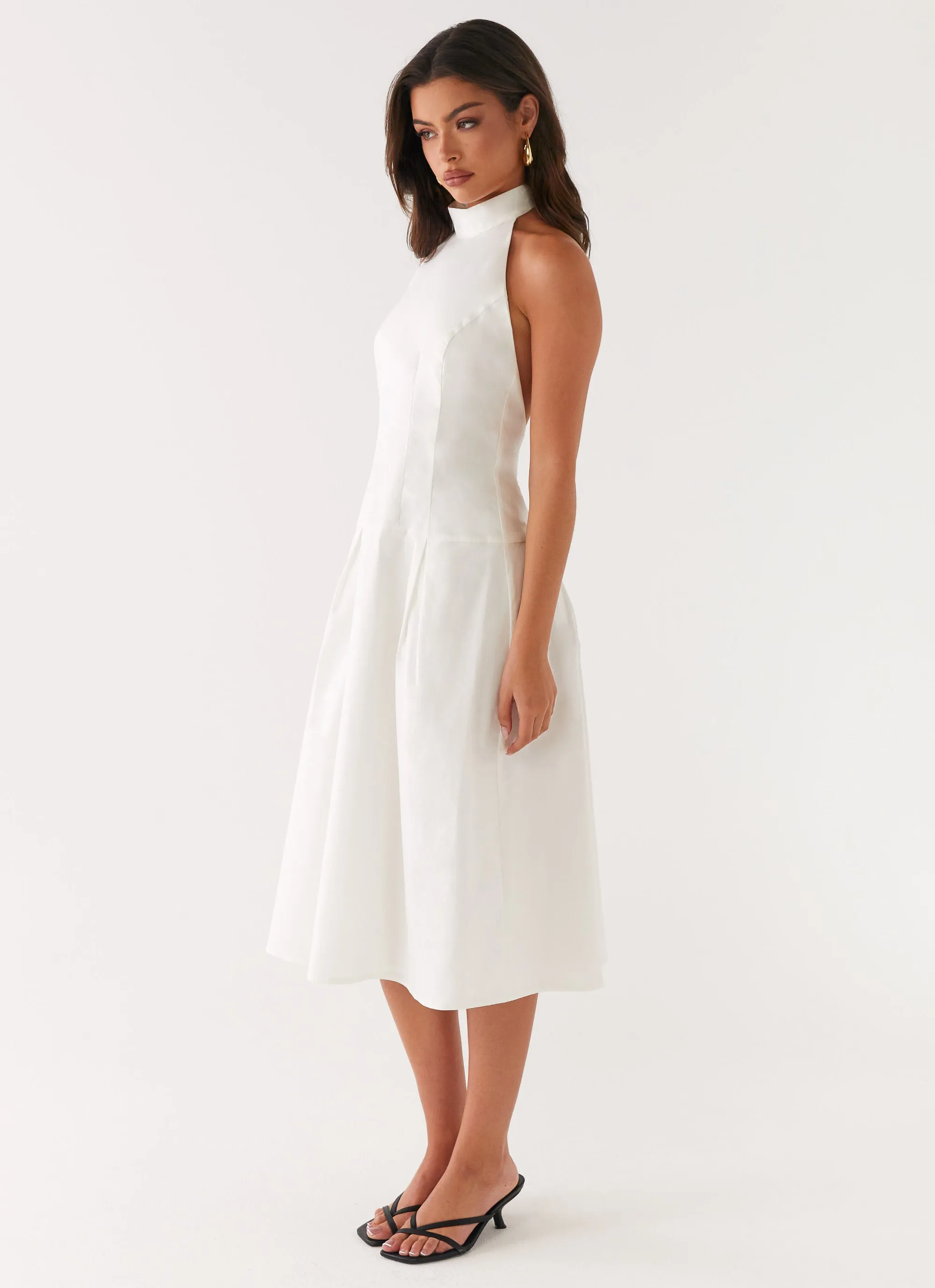 Calla Halter Midi Dress - White Elastic Fit Puff-Sleeve
