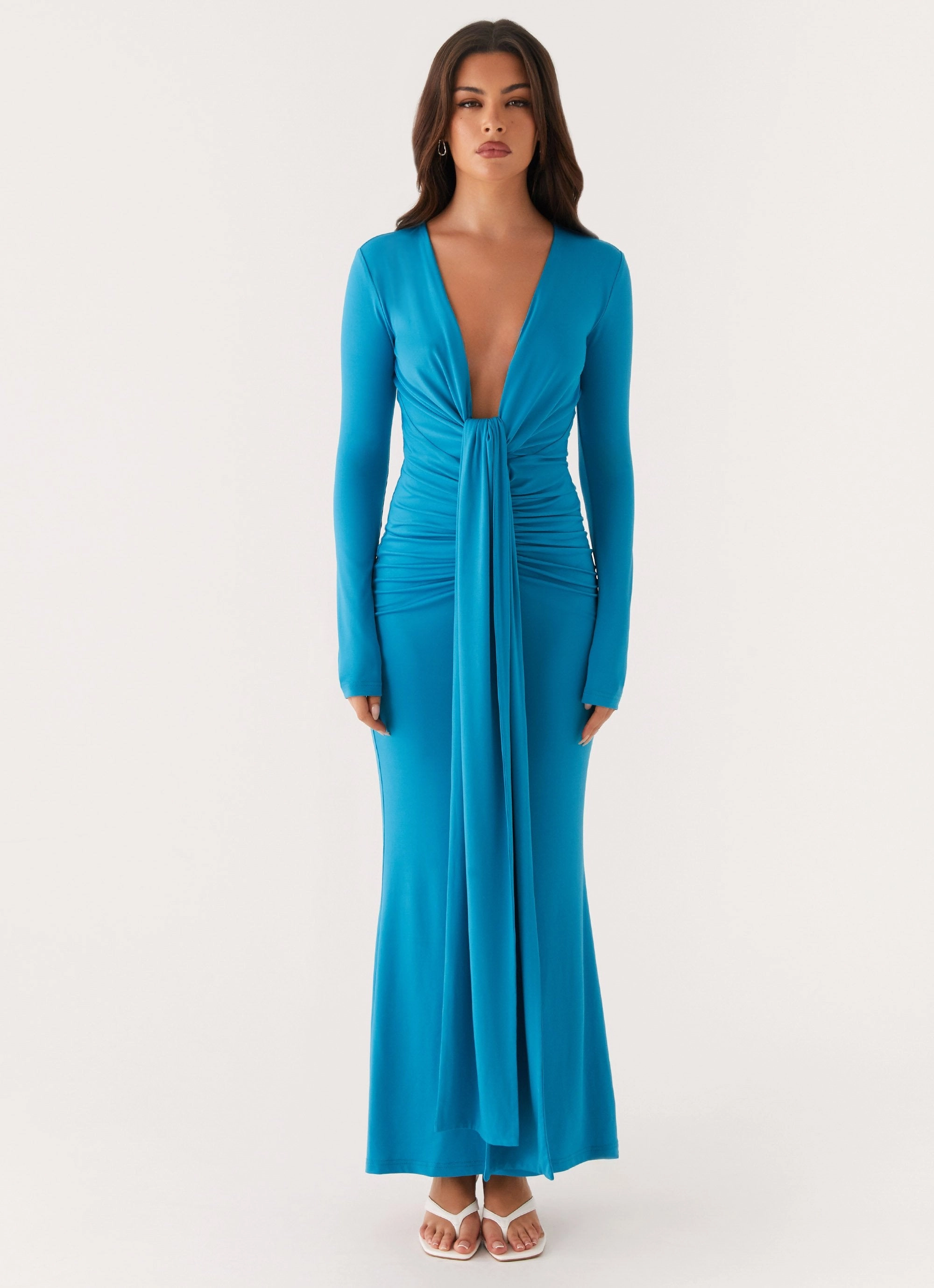 Asymmetrical hem Dreamy Touch Miesha Long Sleeve Maxi Dress - Blue