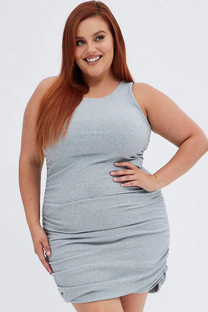 Grey Ruched Dress Rib Bodycon Jersey Light Soft