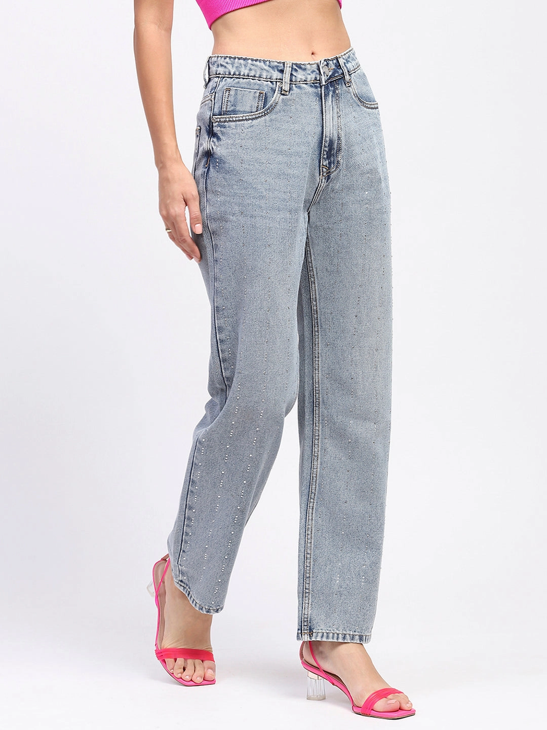 Madame Light Wash Embellished Light Blue Cotton Denim Simple Utility Perfectly Fitted