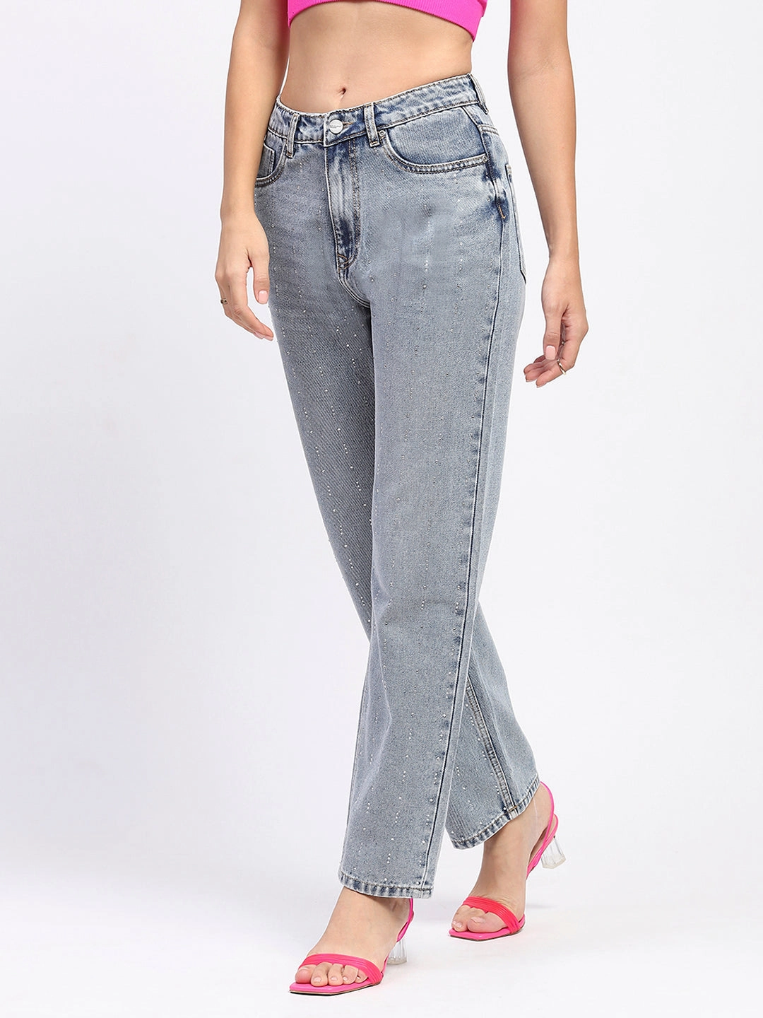 Minimalist Eco Friendly Traveler Gear Winter Warmth Smooth Madame Light Wash Embellished Light Blue Cotton Denim